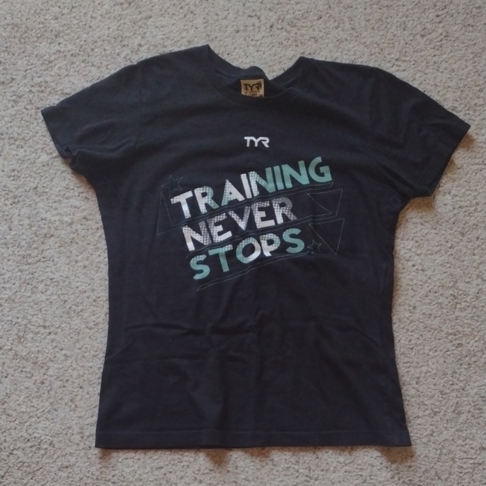 TYR Black Tee with Motivational Graphic